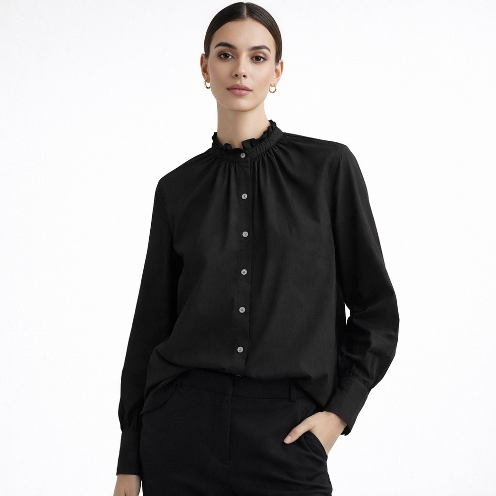 Thakoon Smocked Neck‎ Buttondown Blouse Black Cotton Womens Size M NEW
